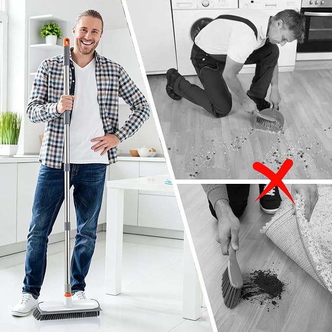 Floor Scrub Brush with Long Handle, 12" Wide 2-in-1 Deck Brush and Squeegee with 55" Stainless Steel Pole, Heavy-Duty Stiff Bristles for Shower, Tile, Garage, Patio & Kitchen-Orange