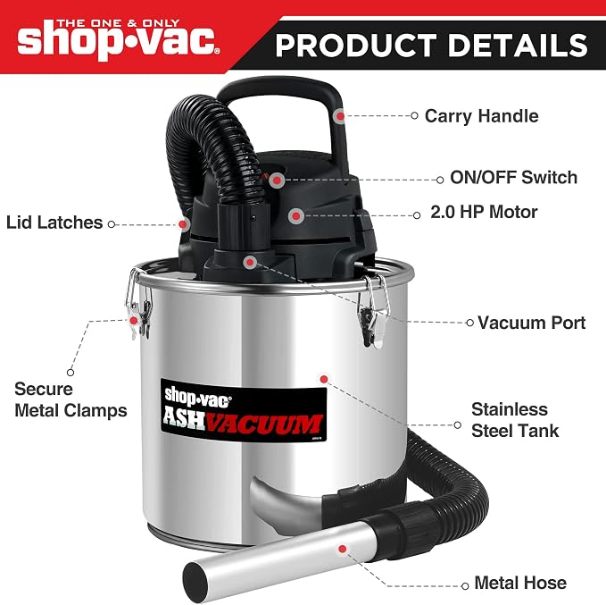 Shop-Vac 4 Gallon 2.0 Peak HP Ash Vacuum,7 Amps with HEPA Filter, 4040988 | Ash Vac Cleaner with HEPA Filter, Hose and Accessories for Fireplaces, Wood Stoves, Pellet Stoves and BBQ Grills