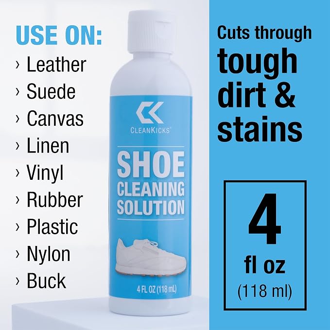 CleanKicks Shoe Cleaning Kit - Footwear Cleaner for Sneakers, Boots, Cleats, and Many Other Shoe Types - (4 Ounce Bottle and Brush). Packaging May Vary Between Green and Blue.