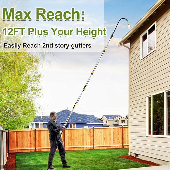 Buyplus 12FT(20FT Reach) Telescopic Gutter Cleaning Tools from the Ground, Long Reach Gutter Cleaner Wand with Hose Attachment, Rain Gutter Cleaner Tool with Extension Pole for 2nd Story House