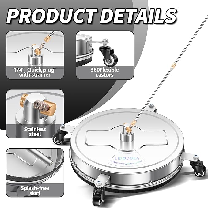 LidoDola 20'' Pressure Washer Surface Cleaner, Power Washer Accessory | Stainless Steel Housing with 4 Wheels, 1/4" QC, 2 Extension Wands & 2 Replacement Nozzles, for Gas & Electric Pressure Washer