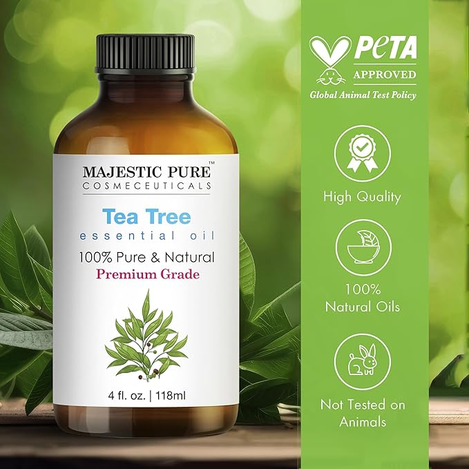 Majestic Pure Tea Tree Essential Oil for Diffuser - 4 Fl Oz | 100% Natural Tea Tree Oil for Hair, Skin Care, Carrier Oil Blend, Aromatherapy & DIY Soap Making Scent
