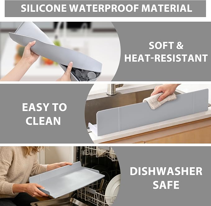 Full-Coverage Sink Splash Guard – 17.7 Inch Extra-High Ramp with Super Strong Suction Cups, Silicone Sink Splash Guard with Front-Edge Storage for Kitchen (Grey, 17.7''x4.7''x2.8')