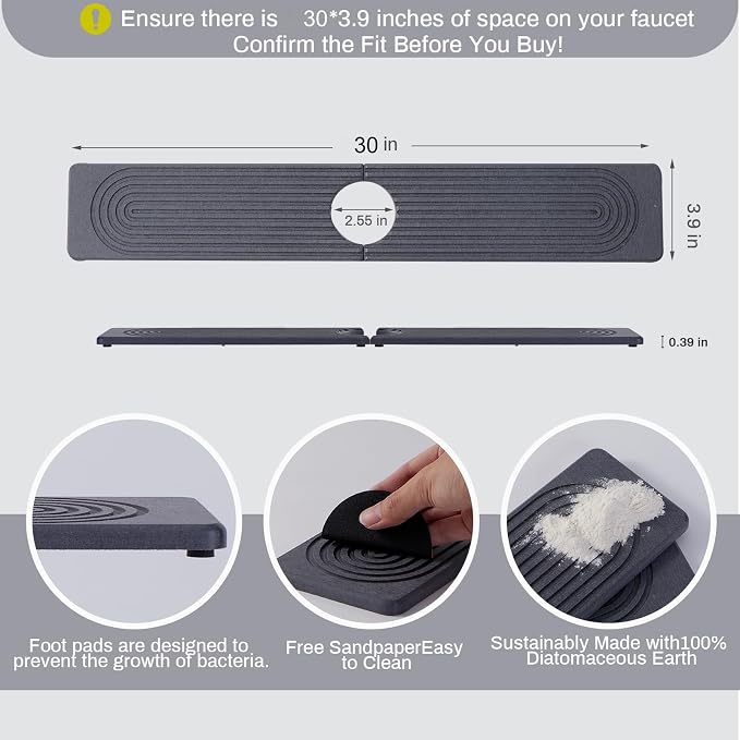 Faucet Mat for Kitchen Sink with Raised Feet, Quick Dry Stone Sink Mat Around Faucet, Water Absorbent Stone Tray, Sink Splash Guard & Protectors, Stone Drying Mat for Kitchen Counter