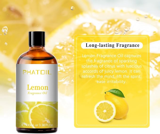 PHATOIL Lemon Fragrance Oil for Diffuser Aromatherapy 3.38FL.OZ | Long Lasting Scented Oils For Humidifier, Air Freshener, DIY Soap Candle, Scent Project Making, Aroma Oil for Home Freshening