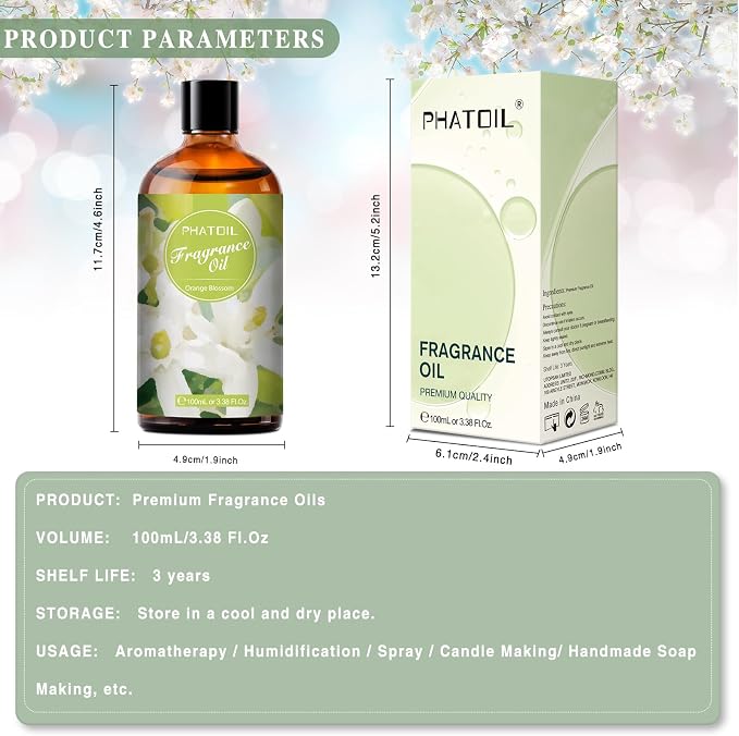 PHATOIL 3.38FL.OZ Orange Blossom Fragrance Oils for Aromatherapy, Essential Oils for Diffusers for Home, Perfect for Diffuser, DIY Candle and Soap Making, DIY Scented Products - 100ml | Long Lasting Scented Oils For Humidifier, Air Freshener, DIY Soap ...