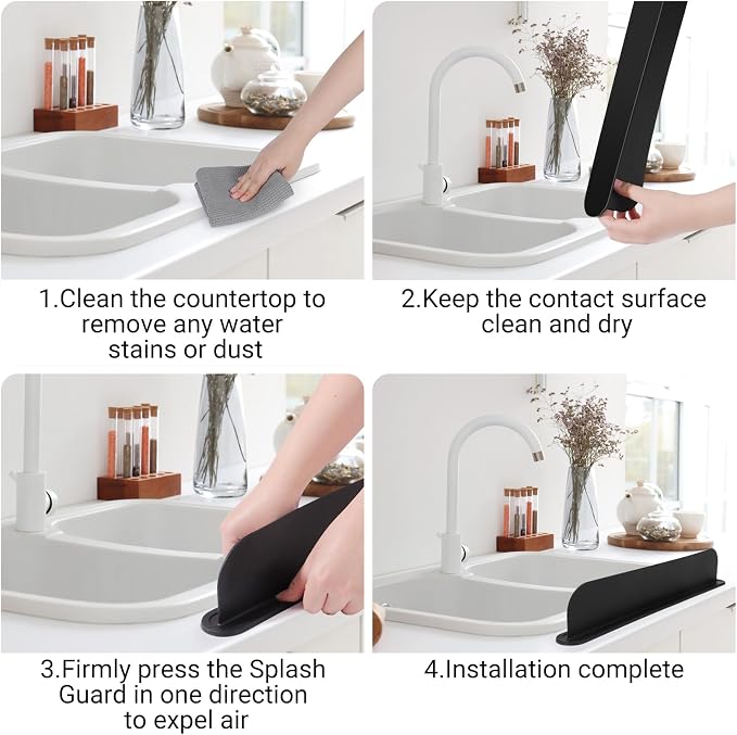 19.3 inch Sink Water Splash Guard, Silicone Sink Splash Guard, Backsplash Protector for Kitchen Countertop & Bathroom Bathtub with Non-Slip Strong Suction, Black, Pack of 2