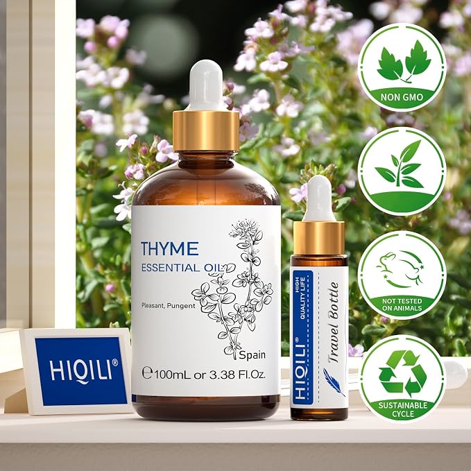 HIQILI Thyme Essential Oil for Skin Flare Care, DIY Spray, Diffuser | With 10ml Travel Dropper Bottle, Aromatherapy Diffuser, Hair, Skin Care & DIY Fragrance - 100ml / 3.38 Fl Oz