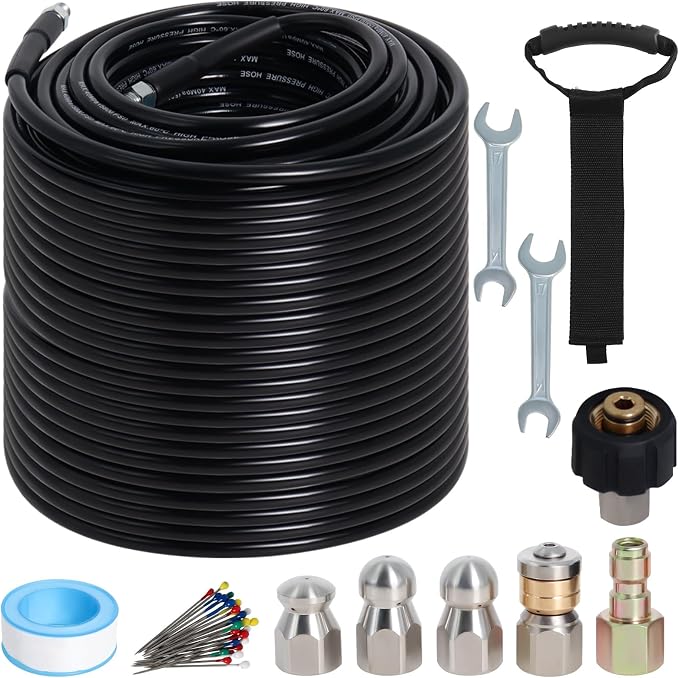 200FT Sewer Jetter Kit for Pressure Washer 5800PSI Drain Cleaner | 1/4" NPT Drain Cleaning Hose with 4 Jetting Nozzles Handle Strap Waterproof Tape and Tools (Black)