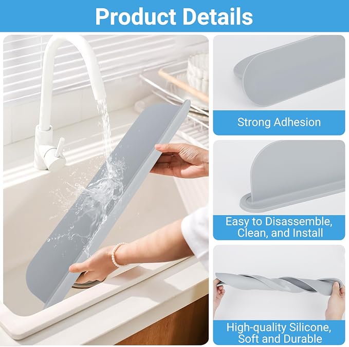 19.3 inch Kitchen Sink Splash Guard, Silicone Sink Baffle Splash Guard, Backsplash Protector for Kitchen Countertop & Bathroom Bathtub with Non-Slip Strong Suction, Gray