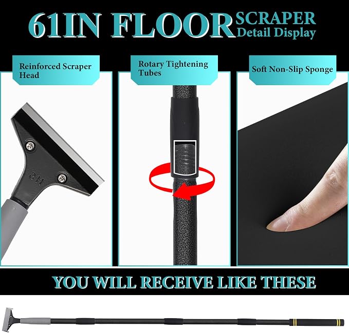 Floor Scraper Heavy Duty Long Handle,61in 4" Razor Blade Floor Scraper Adjustable with 10PCS Extra Metal Blades Paint Scraper for Cleaning Stickers Gum Glass Wall Tile Linoleum Stove Top