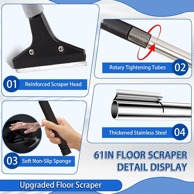Floor Scraper Heavy Duty Long Handle,61in 4"Razor Blade Floor Scraper Adjustable with 10PCS Extra Metal Blades Paint Scraper for Cleaning Stickers Gum Glass Wall Tile Linoleum Stove Top