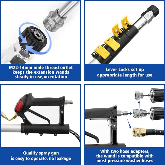 RAYNEL 24FT Telescoping Pressure Washer Wand, Power Washer Attachment | Light-Weight Aluminum Pole With Extension Wand, Gutter Cleaner, Brush Head, 5 Spray Nozzles, Support Belt & 2 Hose Adapters