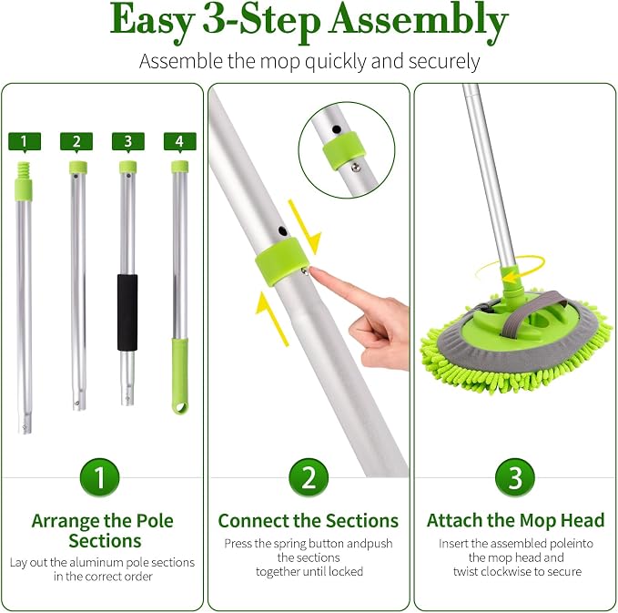 62" Car Wash Brush kit with Long Handle & 3 Scratch-Free Refill Mitt | Chenille Microfiber Car Washing Mop Head, Car Wash Stick, Car Brush Clean Kit, Car Cleaning Supplies for RV Truck Boat, Green