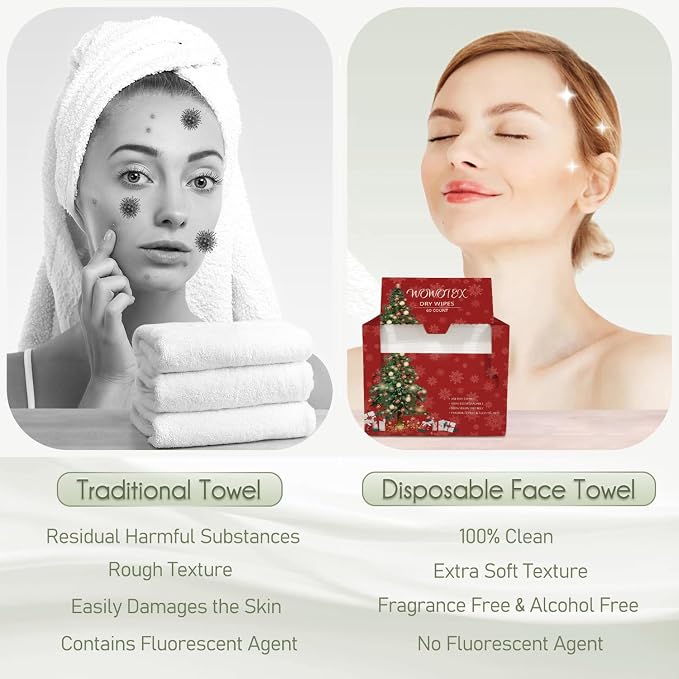 Christmas Style WOWOTEX Disposable Face Towels 60 Count Large Dry Wipes | 10"×12", Extra Thick Soft and Sensitive Skin friendly, Clean Facial Towels for Skincare, Makeup Removal and Facial Cleansing