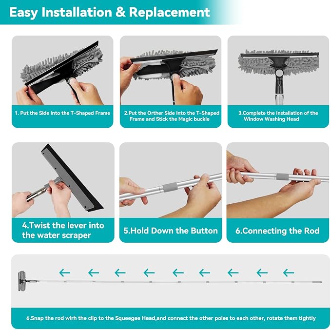 2-in-1 squeegee for window cleaning: 20+ Ft Long Reach cleaner tool with extension pole in home office commercial building Skylight Floor Ceiling Wall Dusting for Homeowner Car Enthusiast DIY Cleaners