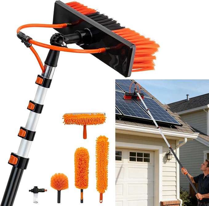 Up to 30FT Reach Water Fed Pole Window Cleaning System, 24FT Telescopic Pole with 180° Rotating Brush & Soap Dispenser, Solar Panel Cleaning Kit for Windows, Gutters & RV