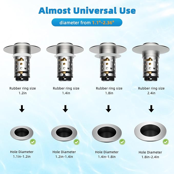 Universal Bathroom Sink Drain Stopper Hair Catcher, Brushed Nickel | Upgraded with 2-Layer Detachable Filter Basket, 4 in 1 Pop Up Drain Strainer, Anti-Clog, Fit for 1.1''~2.36'' Sinks