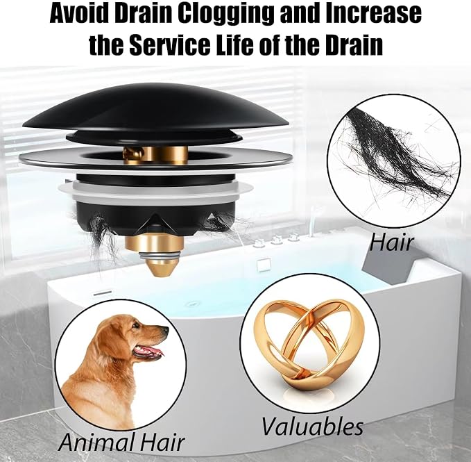 Anlige Bathtub Drain Stopper, Pop Up Tub Stopper and Cover, Bottom with Hair Catcher, Universal for 1.45 to 1.8in Drain, Replaces Old Drain Plug, Matte Black