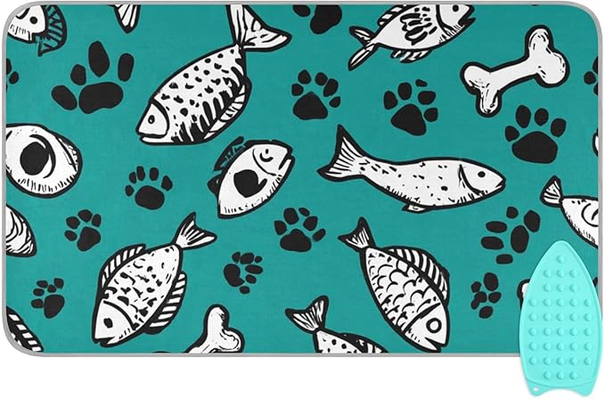 Ironing Mat Portable Ironing Pad Ironing Blanket for Table Top Heat Resistance Double-Side Using Travel Large 47.2 x 27.6 Inch Foldable Lightweight Dark Green Paw Prints and Fish
