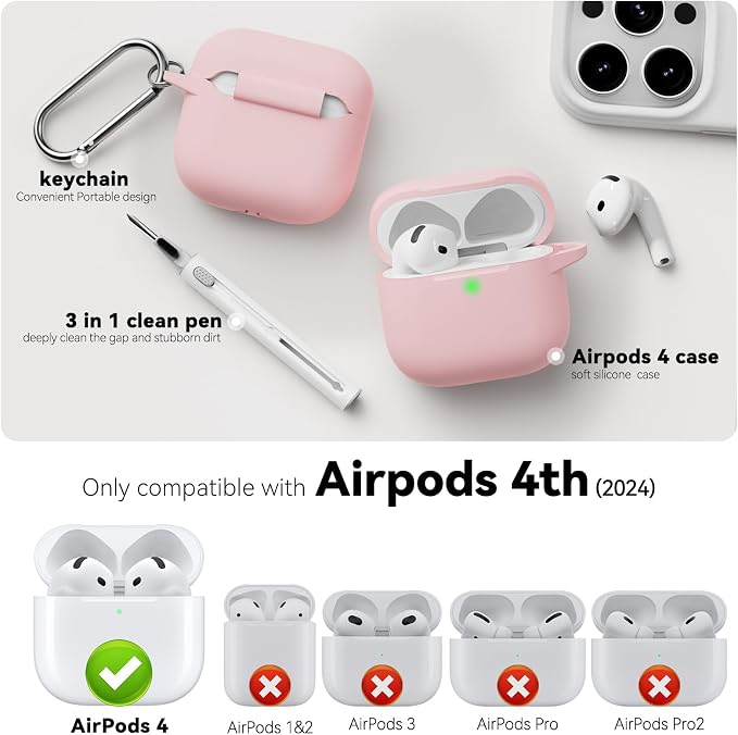 for AirPods 4 Case 2024 with Cleaner Kit & Keychain-Light Pink | Silicone Protective Cover for Apple AirPods 4th Generation Case,for Women Men,One-Piece Design,Shockproof,Dust Proof