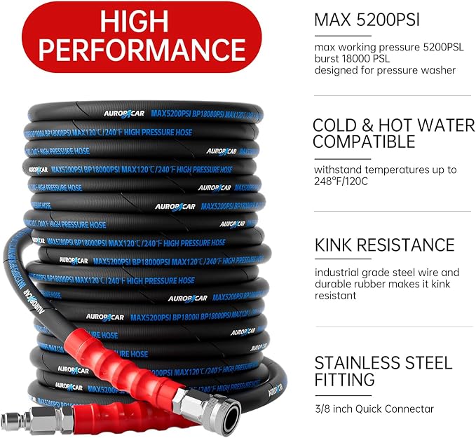 3/8'' Pressure Washer Hose 100FT, Kink Resistant High Tensile Wire Braided Power Washer Hose for Hot and Cold Water with 2 Pcs M22-14mm 3/8" Quick Connect Kit, 5200PSI Commercial Industrial Grade