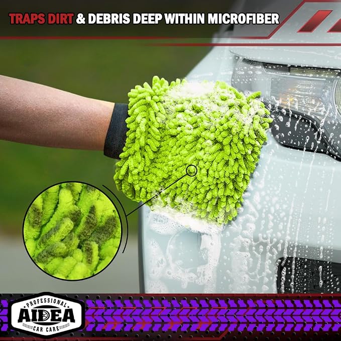 AIDEA Car Wash Mitt Microfiber, 4PK, Car Wash Brush, Green, 7.12''X10.14'' | Scratch Free Lint-Free, Premium Chenille Microfiber Mitt, Cleaning Supplies, Regular Size