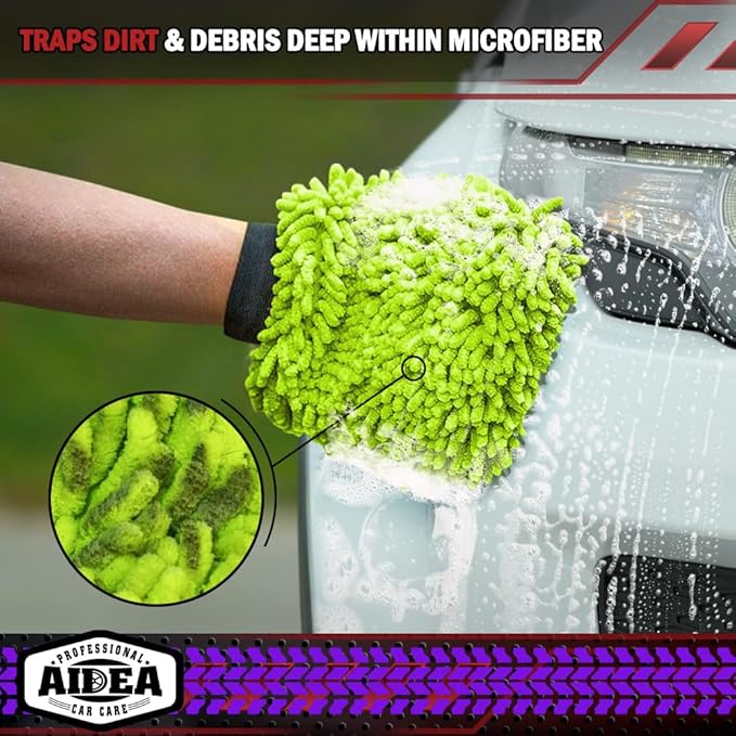 AIDEA Car Wash Mitt Microfiber, 4PK,Car Wash Brush, Green 8''X12'' | Scratch Free Lint-Free, Premium Chenille Microfiber Mitt, Cleaning Supplies, Extra Large Size