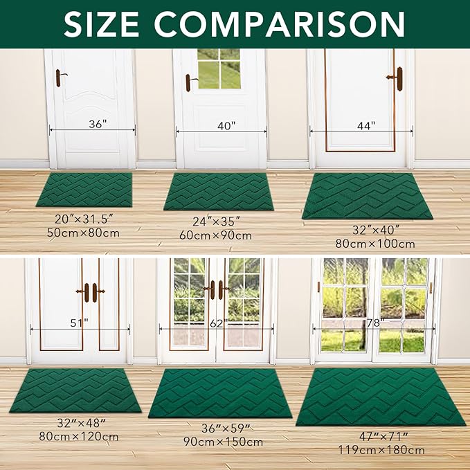 hicorfe Front Door Mat Outside Entrance,36"x59" Absorbent Muddy Dirt Resist Welcome Door Mats Outdoor Indoor,Stain and Fade Resistant,Non Slip Backing Entry Mat Doormat for Entryway(Evergreen)