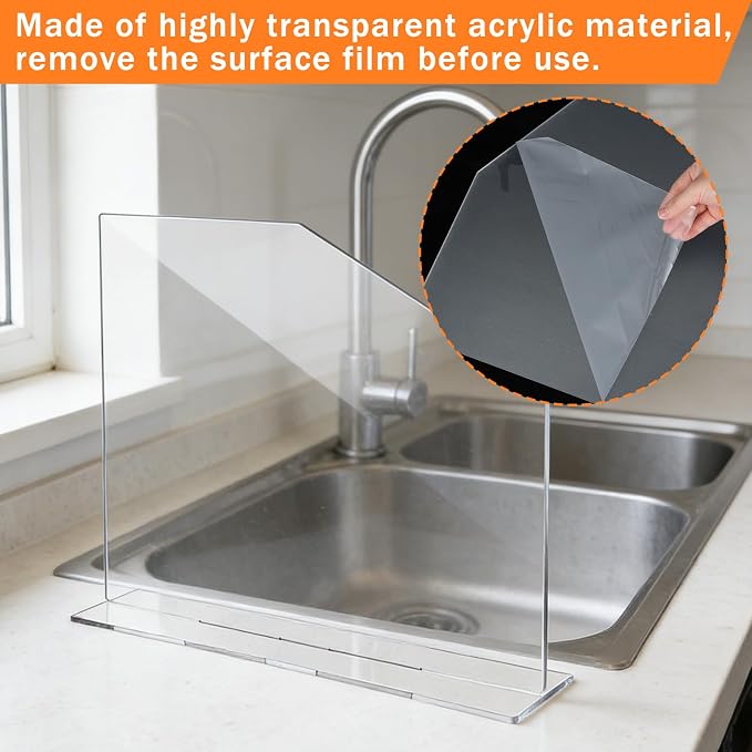 2 PCS Acrylic Sink Splash Guard Clear Splash Guard for Kitchen Sink Area 16.14 * 13.38 Inch Clear Freestanding Panel Barrier with Base