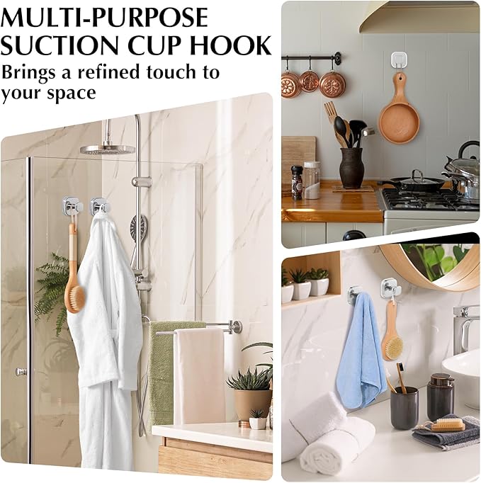 Suction Cup Hooks for Shower - Reusable No-Drill Mounting - Hooks for Towels, Robes & Loofah on Metal, Glass, Mirrors, Tile & Smooth Non-Porous Surfaces (4, Chrome Polished)