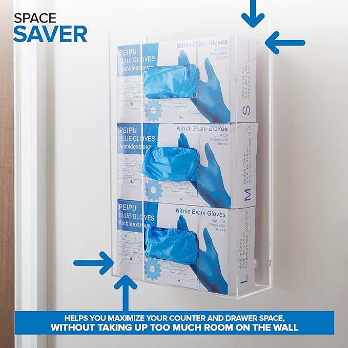 Stock Your Home Triple Acrylic Gloves Dispenser, Tissue Box Shelf, Glove Holder Wall Mount, For Kitchen, Cleaning Closet, Lab, Exam, Office
