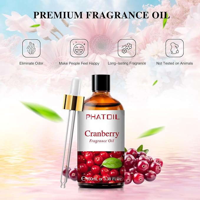 PHATOIL Cranberry Fragrance Oil for Diffuser Aromatherapy 3.38FL.OZ | Long Lasting Scented Oils For Humidifier, Air Freshener, DIY Soap Candle, Scent Project Making, Aroma Oil for Home Freshening