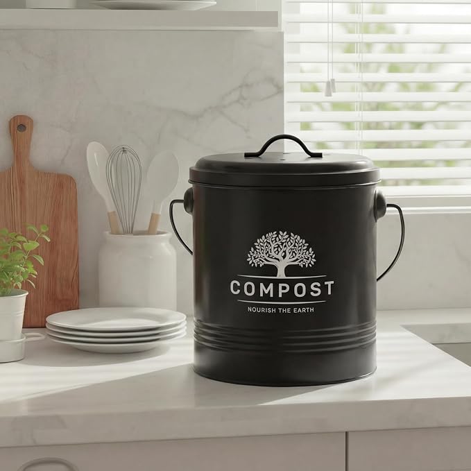 Perfnique Kitchen Compost Bin, 1.3 Gallon Countertop Compost Bin with Lid, Indoor Compost Bucket Includes Inner Bucket Liner and Carbon Filter, Small Compost Bin with Trash Bags (with Bags, Black)