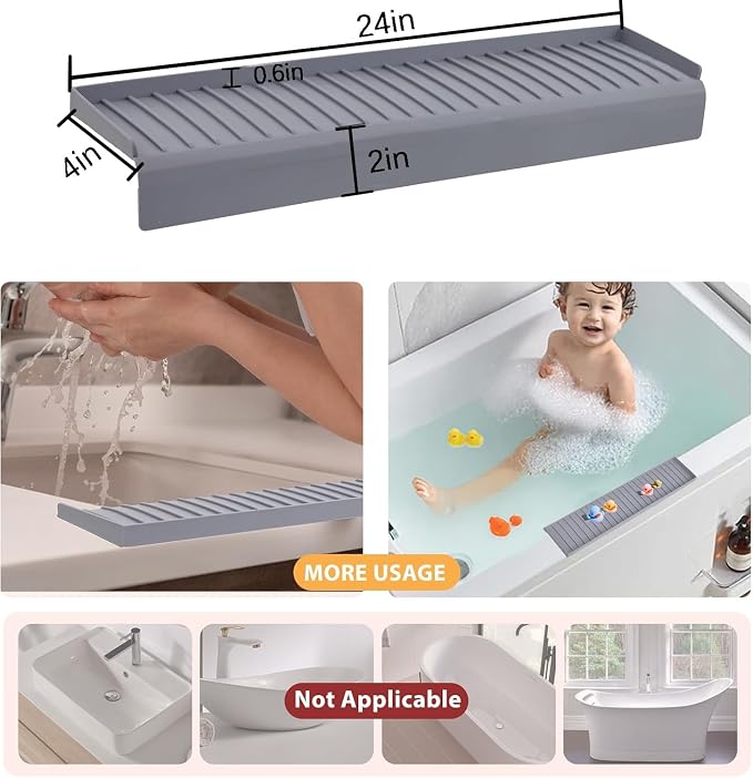Sink Edge Protector with Suction Cup 4"x24", Silicone Sink Splash Guard for Kitchen & Bathroom, Protect Countertop from Scratches, Stains, for Stainless Steel Granite Quartz-Grey