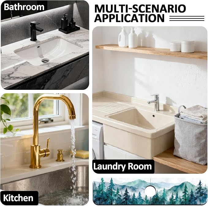 2 Pcs Kitchen Sink Splash Guard Faucet Mats Watercolor Forest Pattern Faucet Mat for Sinks Absorbing Drying Mat for Kitchen Bathroom, 23.6x5.5inch