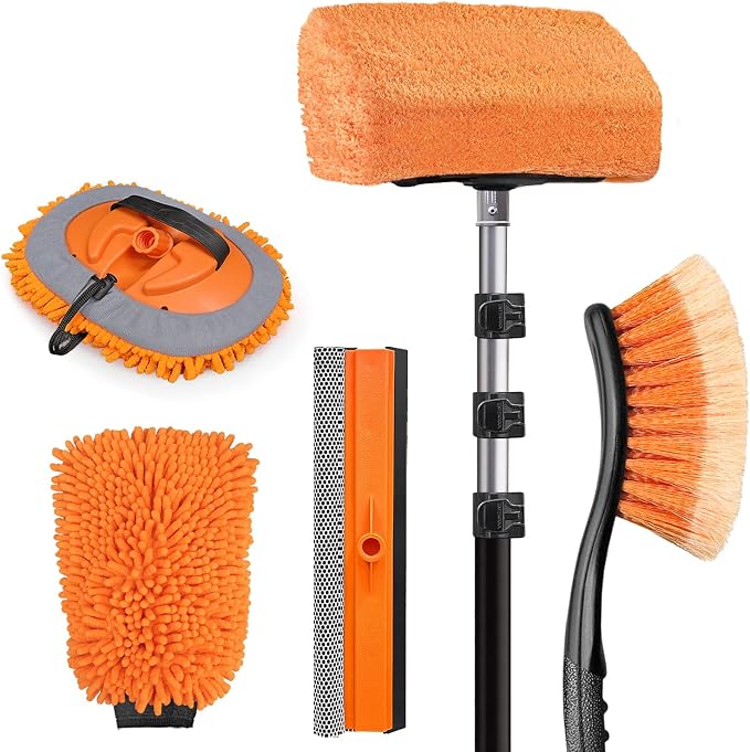 ARTIPOLY 20ft Reach Car Wash Brush with Long Handle-Car Cleaning Kit with 4-12FT Extension Pole, Ultimate RV,Truck Wash Set with Soft Brush, Tire Brush, Window Squeegee, Mitt, Microfiber Cleaning Mop