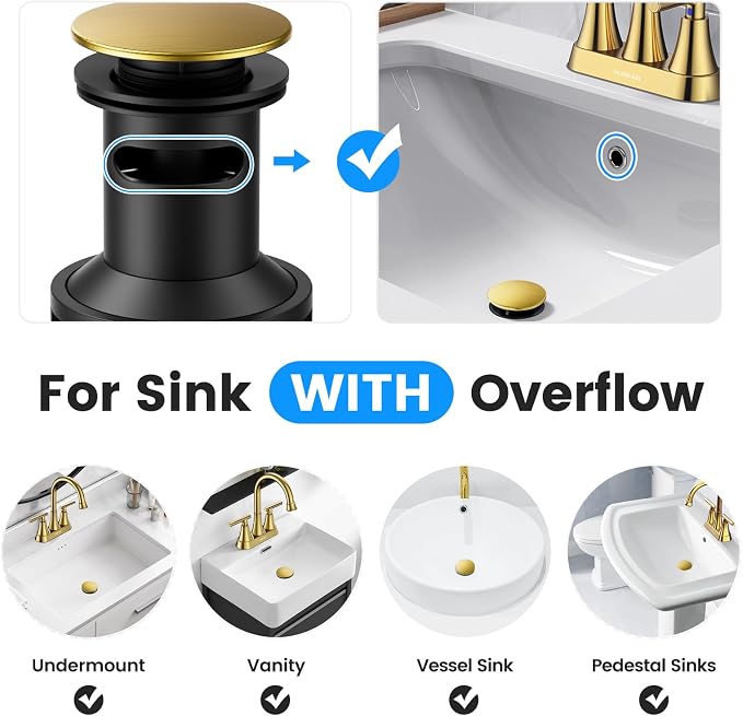 Bathroom Sink Drain with Overflow, Hurran Universal Bathroom Sink Stopper for Bathroom Vanity Vessel Sink, Plastic Pop-up Sink Drain with Hair Catcher Anti-Clog Strainer, 2 Pack, Brushed Gold | Hurran Bathroom Sink Stopper for 1.65"-1.9" Hole, Plastic ...