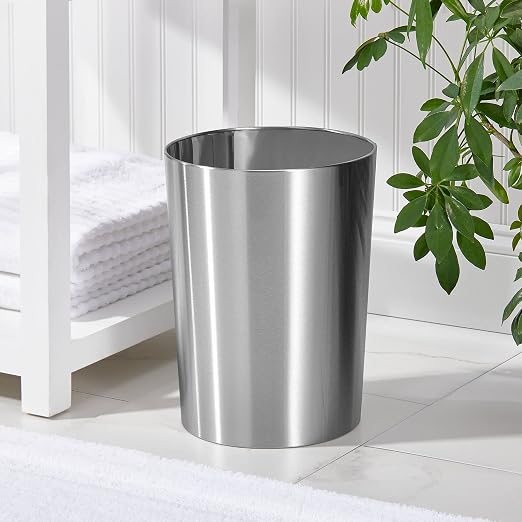 mDesign Stainless Steel Round Metal Trash Can, Small 2.8 Gallon Wastebasket, Garbage Basket Bin for Bathroom, Bedroom, Kitchen, or Home Office, Holds Waste and Recycle, Mirri Collection, Brushed