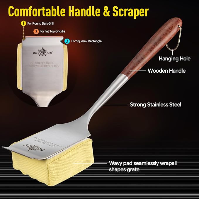 Bristle-Free Steam Cleaning Grill Brush — Features an Extended Luxurious Rosewood Handle and a Unique Wavy pad that Seamlessly fits cast Iron and Stainless Steel grates