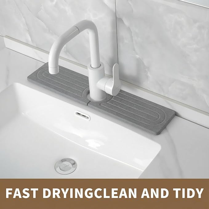 Faucet Mat for Kitchen Sink -Diatomite Stone Drying Mat for Kitchen Counter & Bathroom Sink,Quick-Dry Kitchen Sink Mat-Sink Protector & Splash Guard,Super Absorbent (Gray, 15.8"x4")