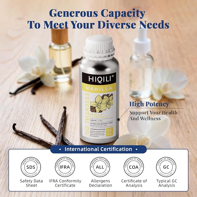 HIQILI Vanilla Essential Oil Bulk, Strong Scent for Candle Soap Making | Fragrance for Diffuser, Perfume, SPA, Making Spray, Skin Care, Add to Shampoo, Body Lotion - 500 mL / 16 fl oz