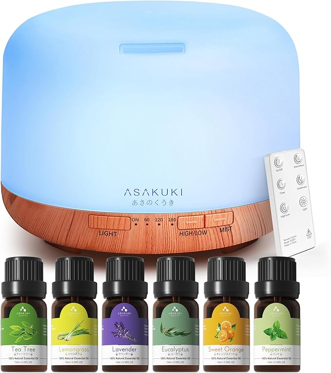 ASAKUKI Oil Diffuser with Essential Oils Set, 500ml Aromatherapy Humidifier | with 14 LED Colors & Auto Shut-Off - 6 Oil Gift Pack(Lavender Eucalyptus Tea Tree Orange Peppermint Lemongrass)