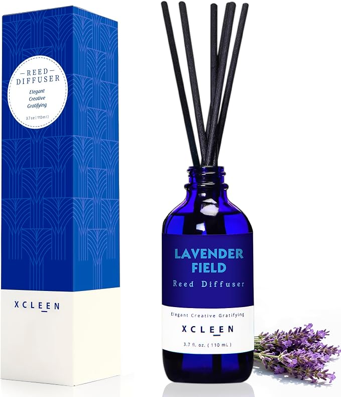 Xcleen Reed Diffuser Set, Lavender Field Oil Diffuser with Sticks, Long-Lasting Home Fragrance Reed Diffusers for Bathroom Shelf Office Decor, Luxury Air Fresheners 3.7 oz(110ml)