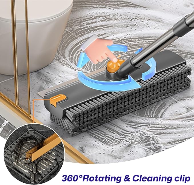 3-in-1 Floor Scrub Brush with Long Handle, Scrape and Heavy-Duty Stiff Bristle Floor Scrubber Brush with Squeegee and Tweezer for Cleaning Tile Kitchen Wall Deck Bathroom Patio Garage