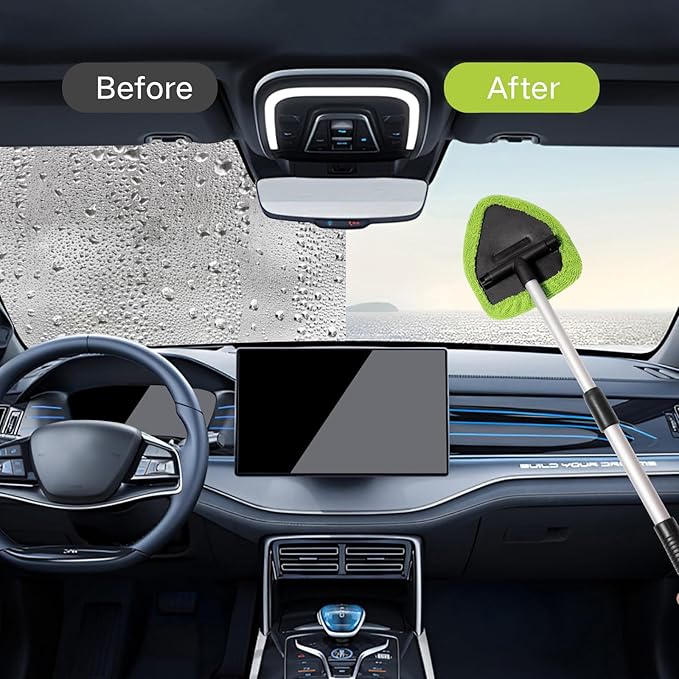 Qydipclin 11pcs Windshield Cleaner Tool, Car Window Cleaning Wash Kit with 6 Reusable Microfiber Pads 2 Spray Bottles and Extendable Handles Auto Glass Wiper Kit, Green