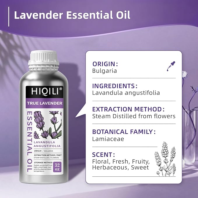 HIQILI Lavender Essential Oil for Aromatherapy, Candle & Soap Making | Large Capacity for Hotels Spas Salons & DIY Studios, Calming Scent, Relaxation & Skin Care - 1000mL / 32 fl oz