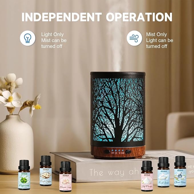 Essential Oil Diffuser & Essential Oils Set, Aromatherapy Diffuser with 7 LED Colors, 6 Oils Gift Pack (Clean Home, Peppermint, Blossom Soapy, Soft Powder, Fresh Cotton, Fresh Linen)