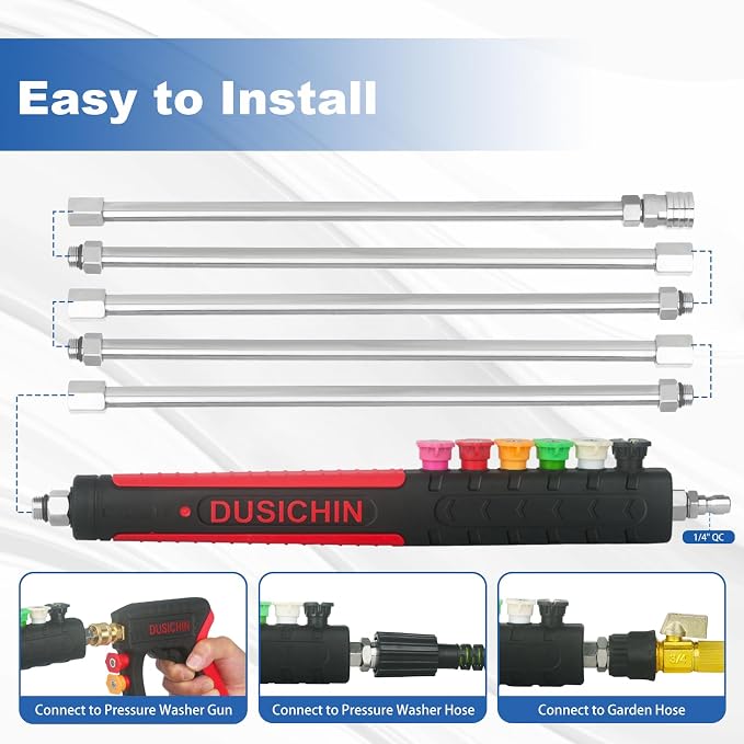 Pressure Washer Extension Wand Gutter Cleaning 8 FT Garden Hose Adapter, Upgarded Soft Handle 6 Nozzle Tips 3 Curved Rod for Gutter, 1/4" M22-14mm Fitting 3/4" GHT Connector DUS2612