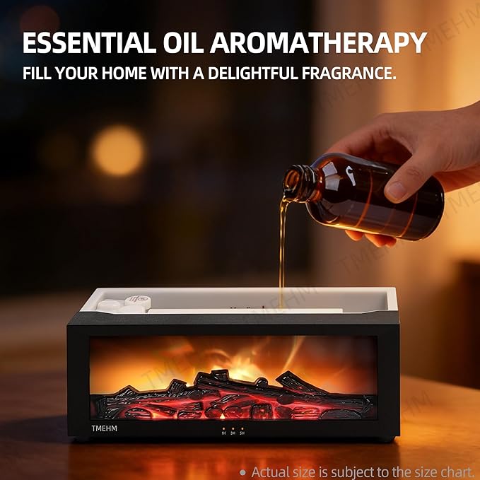 TMEHM Fireplace Flame Essential Oil Diffuser Humidifier, Aromatherapy | Ultrasonic Mist with 7 Colors and Timer for Home, Bedroom, Office, and Yoga